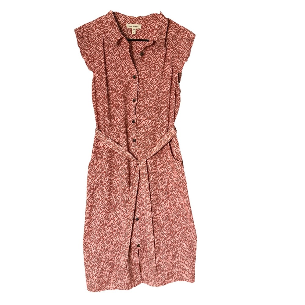 Monteau LA Cottagecore Boho Rust Floral Button Down Shirt Dress Midi Tie Waist - Picture 11 of 12